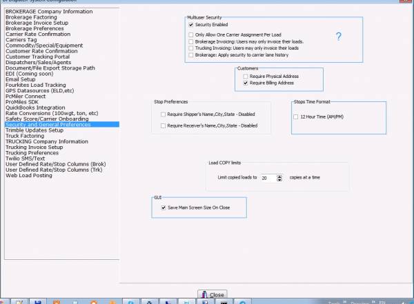 Settings / Security and general preferences